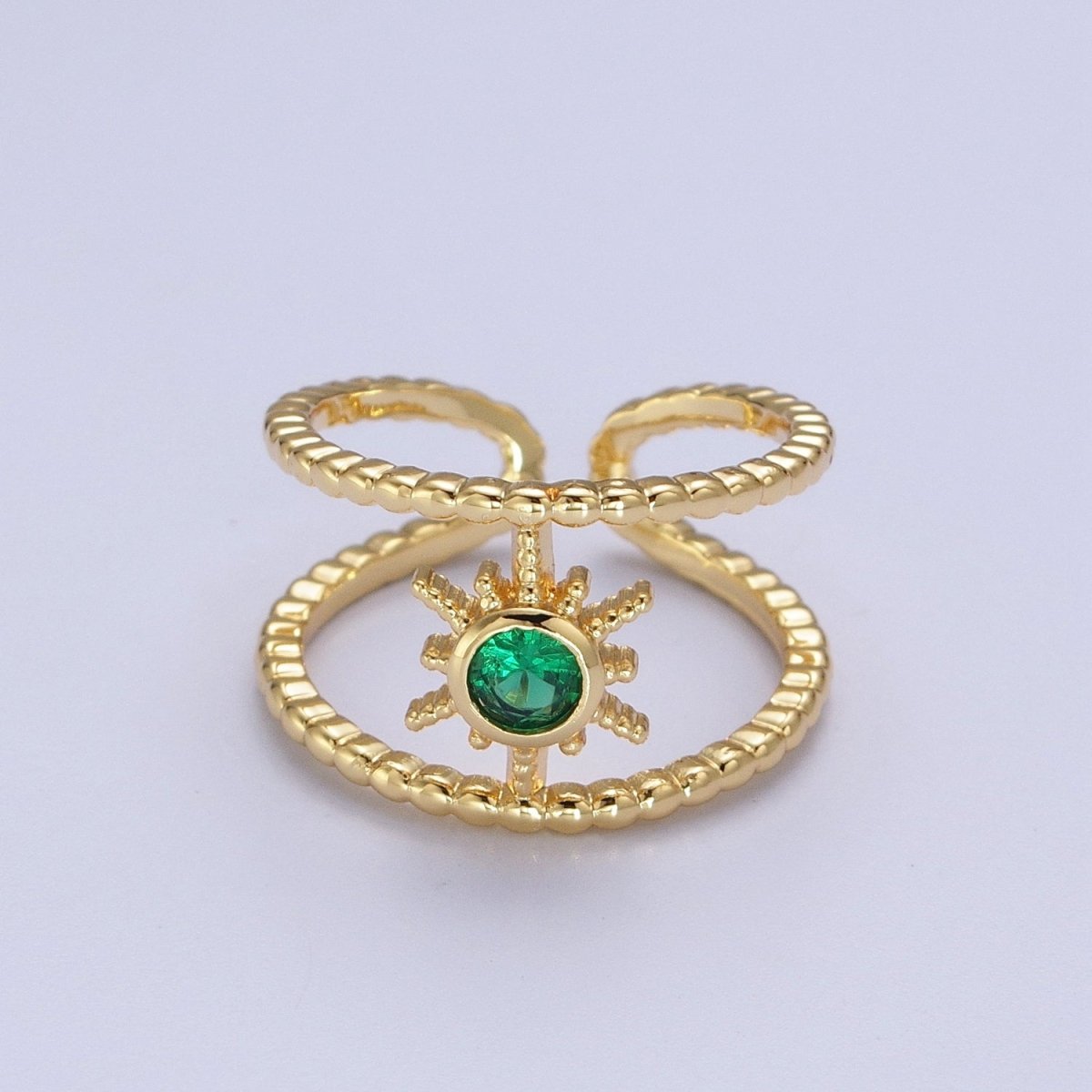 24K Gold Filled Beaded Double Band Round CZ Cubic Zirconia Celestial Star Adjustable Ring | Y-374 ~ Y-379 - DLUXCA