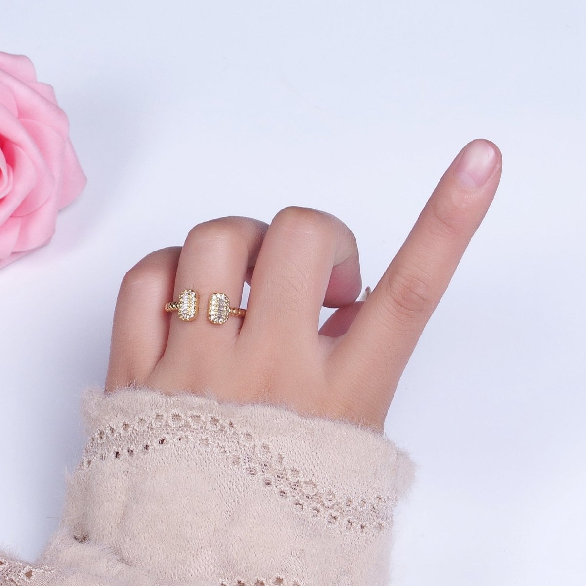 24K Gold Filled Beaded Micro Paved Double Bar Clear Fuchsia Green Baguette Cubic Zirconia Ring | O-135 O-191 O-211 - DLUXCA