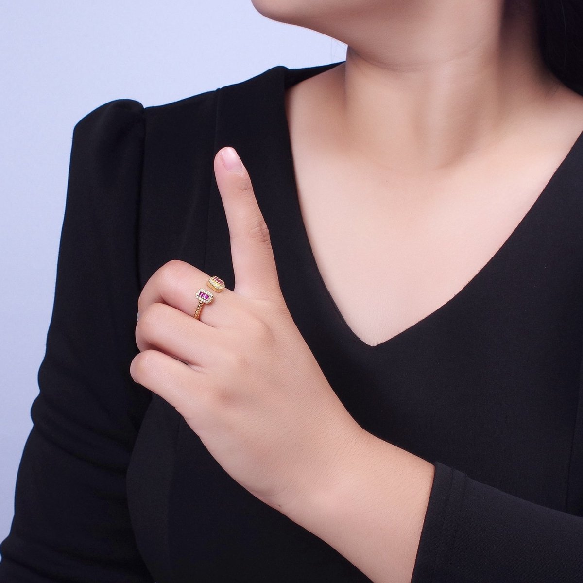 24K Gold Filled Beaded Micro Paved Double Bar Clear Fuchsia Green Baguette Cubic Zirconia Ring | O-135 O-191 O-211 - DLUXCA