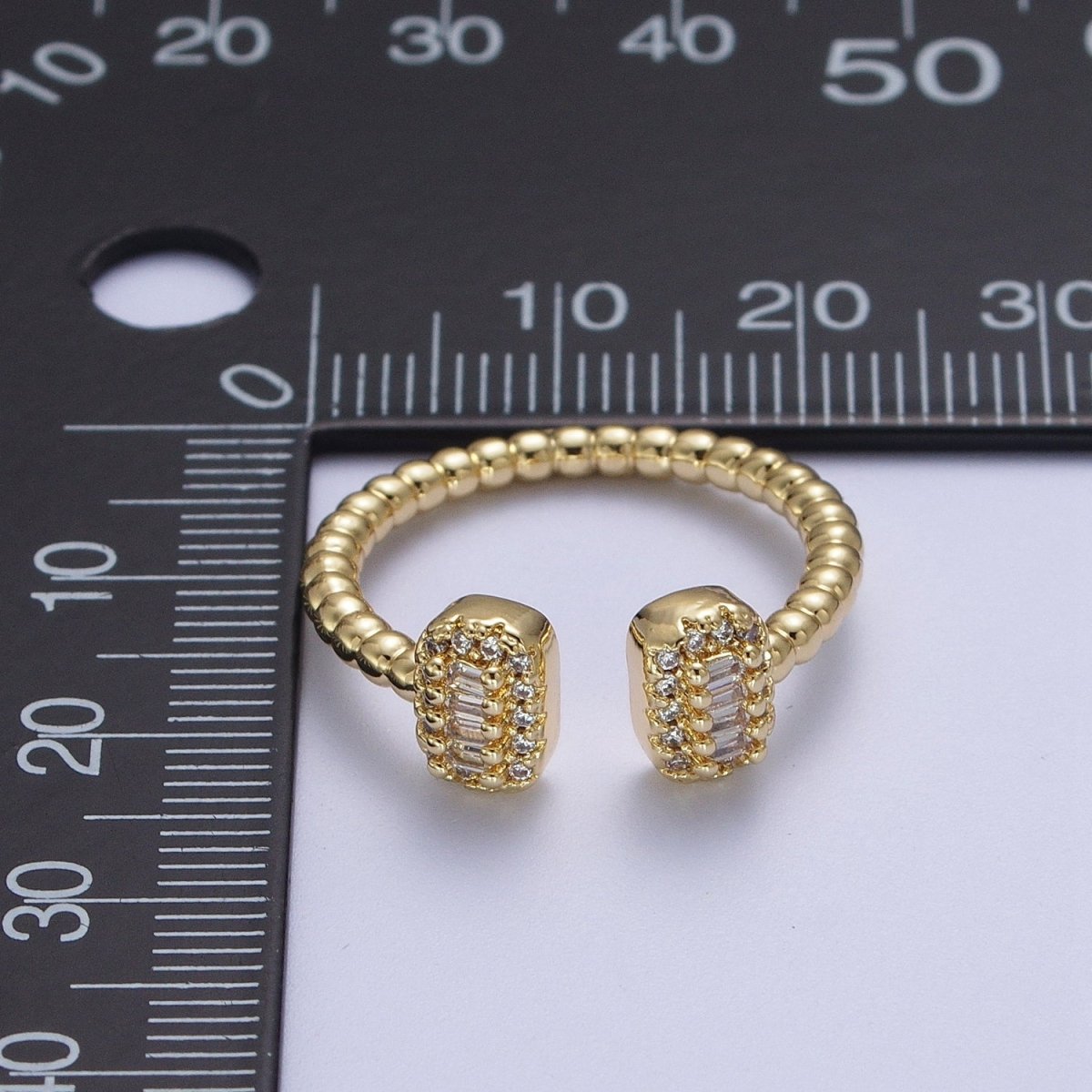 24K Gold Filled Beaded Micro Paved Double Bar Clear Fuchsia Green Baguette Cubic Zirconia Ring | O-135 O-191 O-211 - DLUXCA