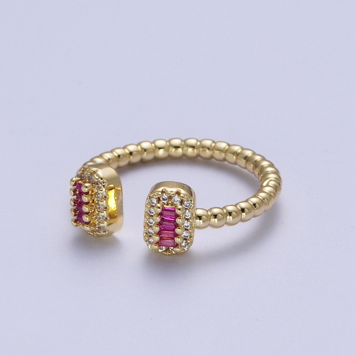 24K Gold Filled Beaded Micro Paved Double Bar Clear Fuchsia Green Baguette Cubic Zirconia Ring | O-135 O-191 O-211 - DLUXCA