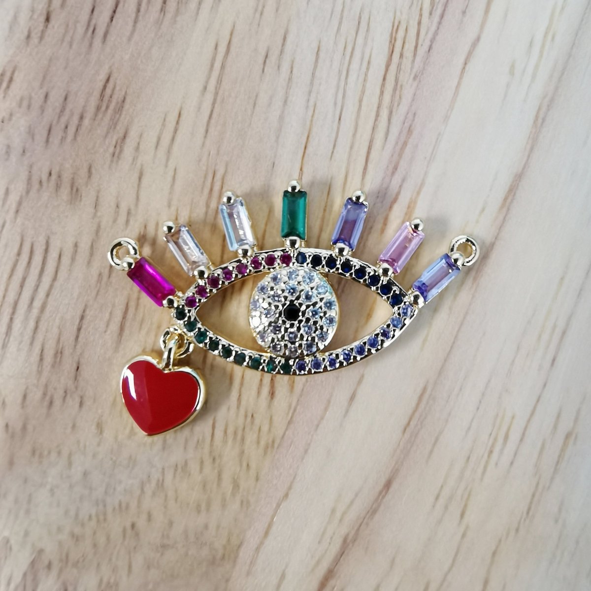 24K Gold Filled Beautiful Rainbow Evil Eye Connector Micro Pave CZ DIY Red Heart Enamel Love Charm Necklace Bracelet Findings F-421 - DLUXCA