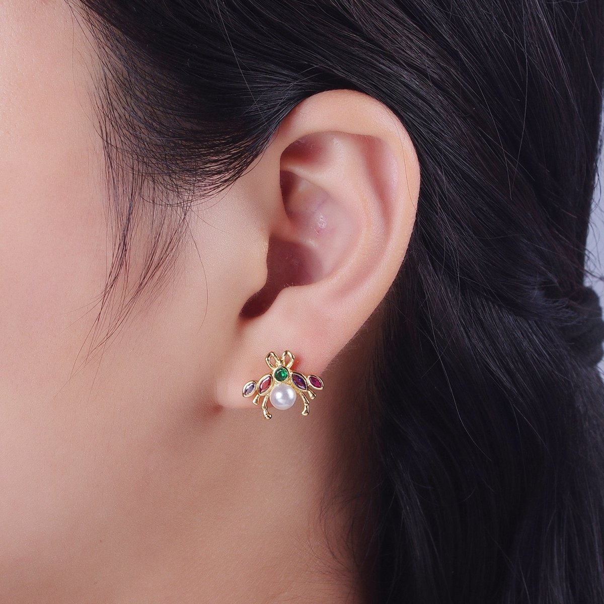 24K Gold Filled Bee Insect Multicolor CZ Marquise Round White Pearl Stud Earrings | Y-230 - DLUXCA