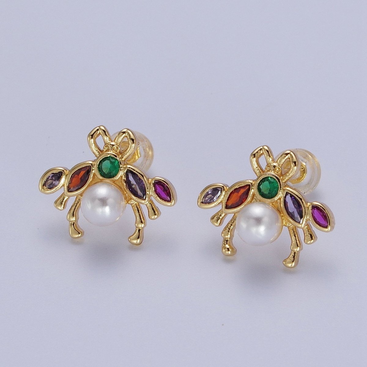24K Gold Filled Bee Insect Multicolor CZ Marquise Round White Pearl Stud Earrings | Y-230 - DLUXCA