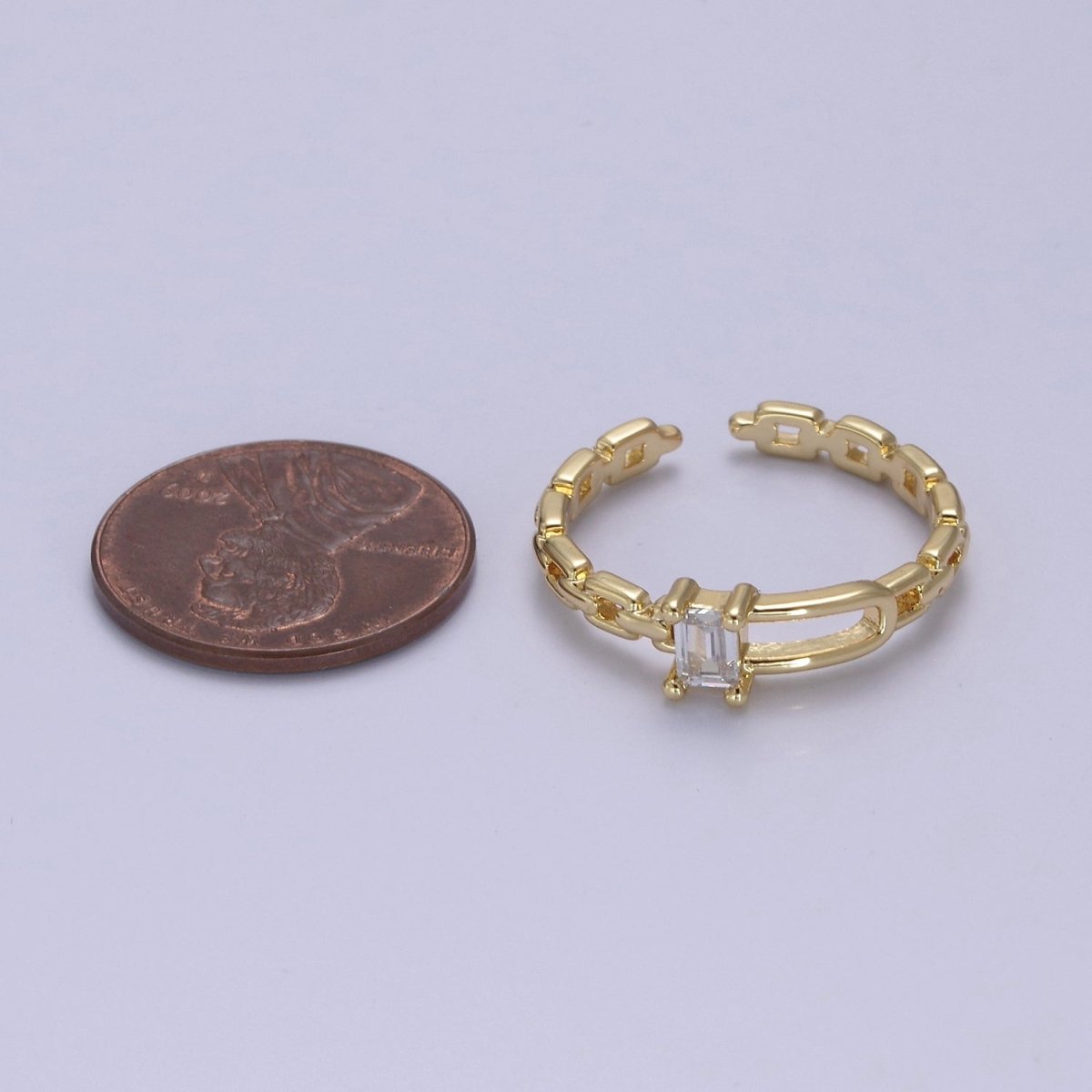 24K Gold Filled Belt Buckle Ring in Gold & Silver, Minimalist Cable Link Chain Ring with CZ Crystal Cubic Zirconia S-341 S-342 - DLUXCA