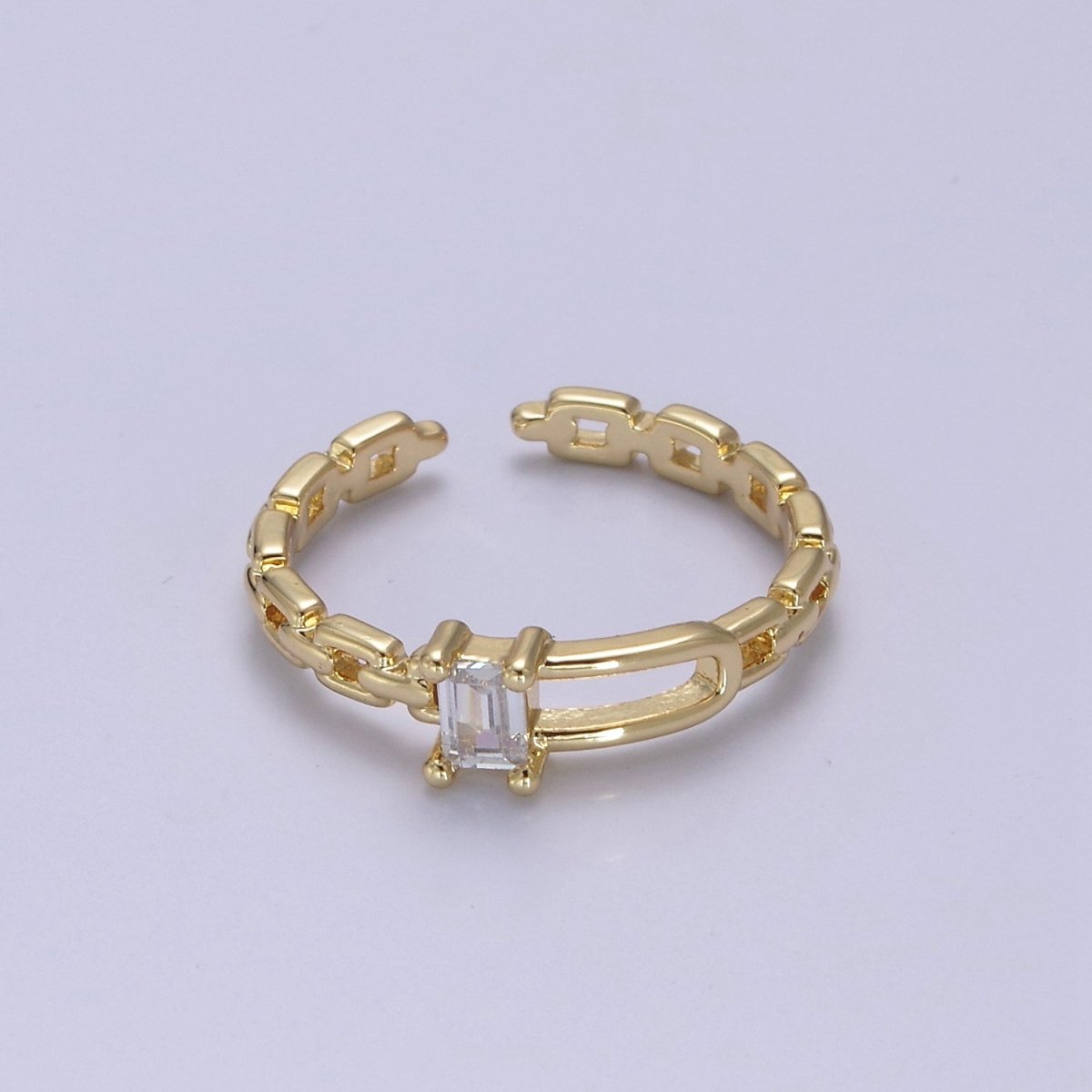 24K Gold Filled Belt Buckle Ring in Gold & Silver, Minimalist Cable Link Chain Ring with CZ Crystal Cubic Zirconia S-341 S-342 - DLUXCA