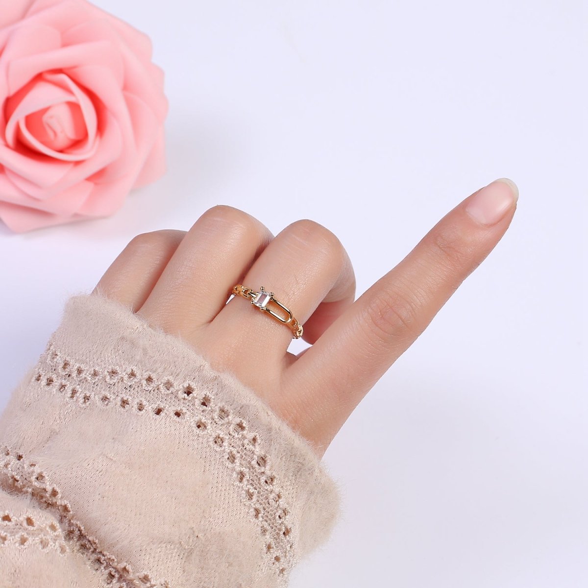 24K Gold Filled Belt Buckle Ring in Gold & Silver, Minimalist Cable Link Chain Ring with CZ Crystal Cubic Zirconia S-341 S-342 - DLUXCA