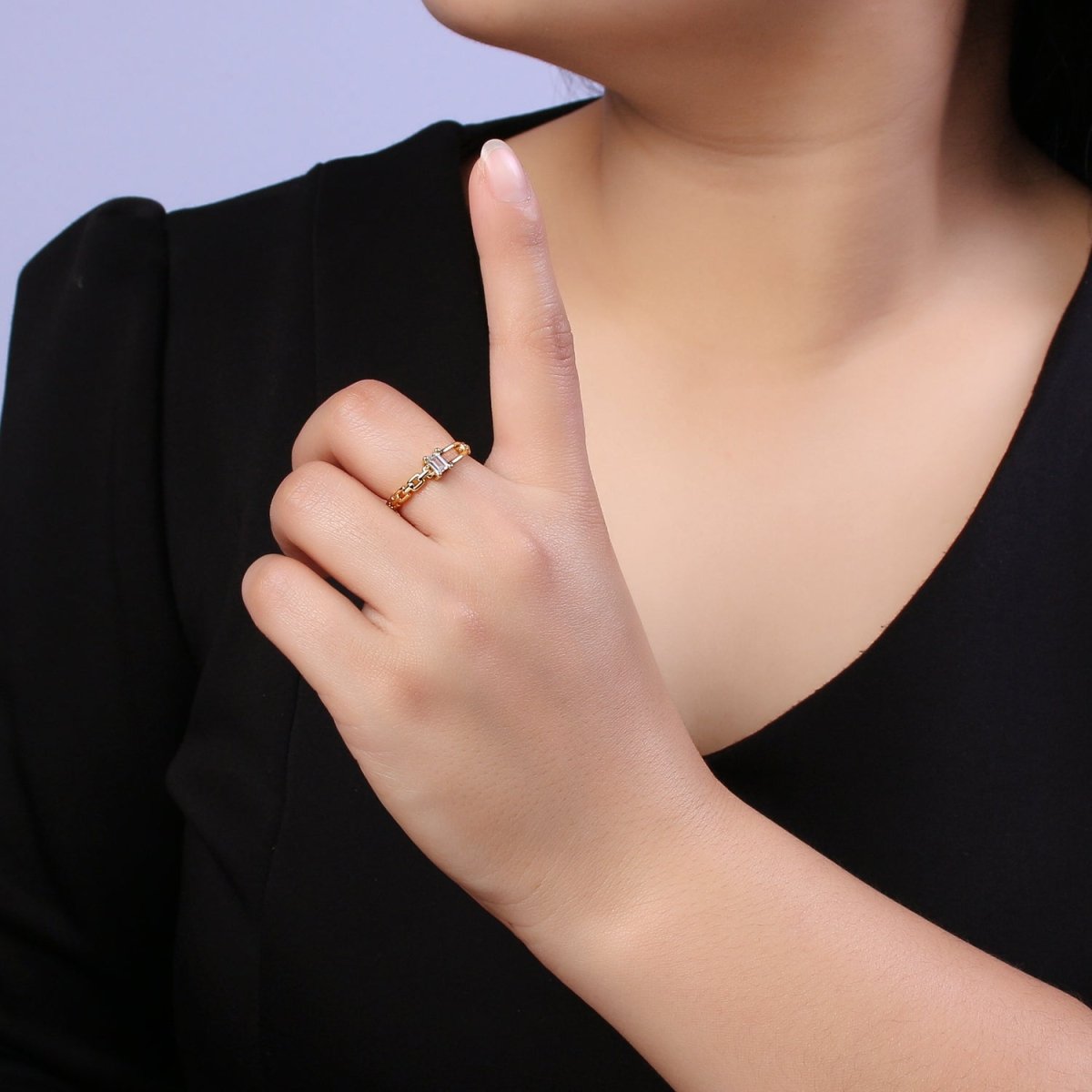 24K Gold Filled Belt Buckle Ring in Gold & Silver, Minimalist Cable Link Chain Ring with CZ Crystal Cubic Zirconia S-341 S-342 - DLUXCA