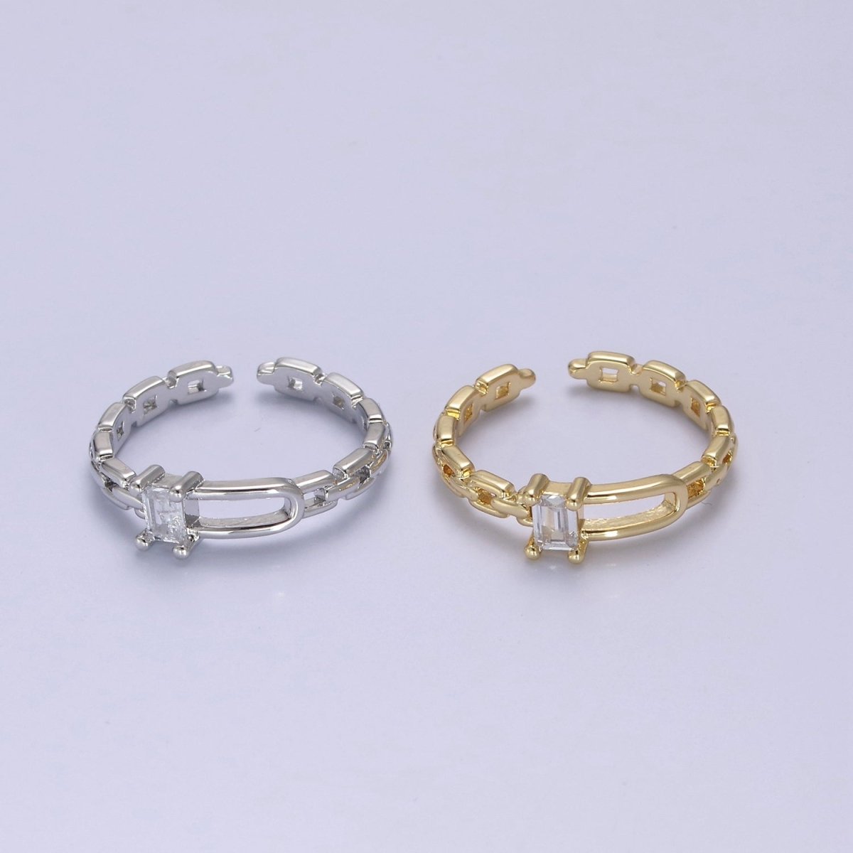 24K Gold Filled Belt Buckle Ring in Gold & Silver, Minimalist Cable Link Chain Ring with CZ Crystal Cubic Zirconia S-341 S-342 - DLUXCA