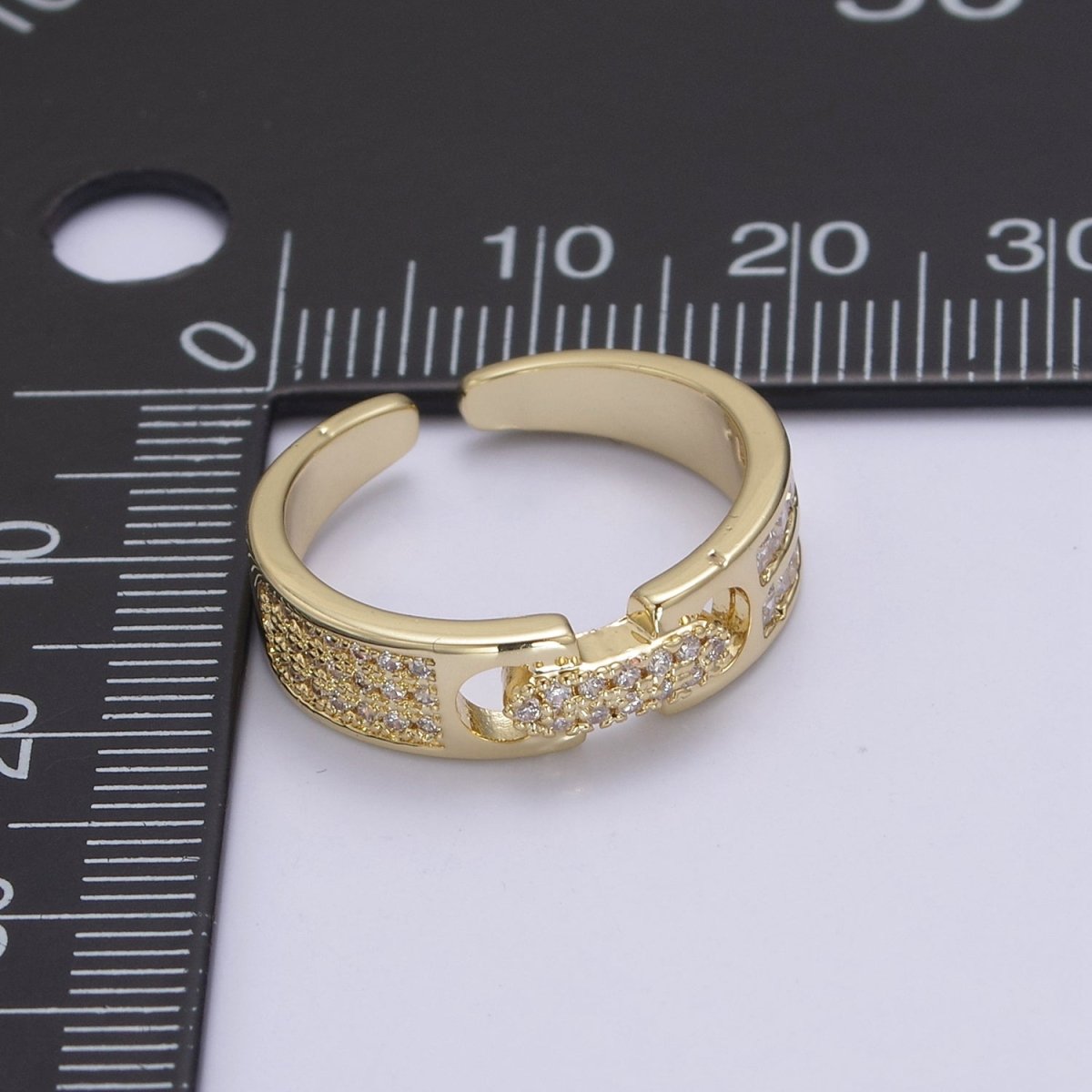 24K Gold Filled Belt Buckle Statement Ring, Micro Pave Crystal Zirconia CZ Adjustable Ring in Gold & Silver U-530 U-531 - DLUXCA