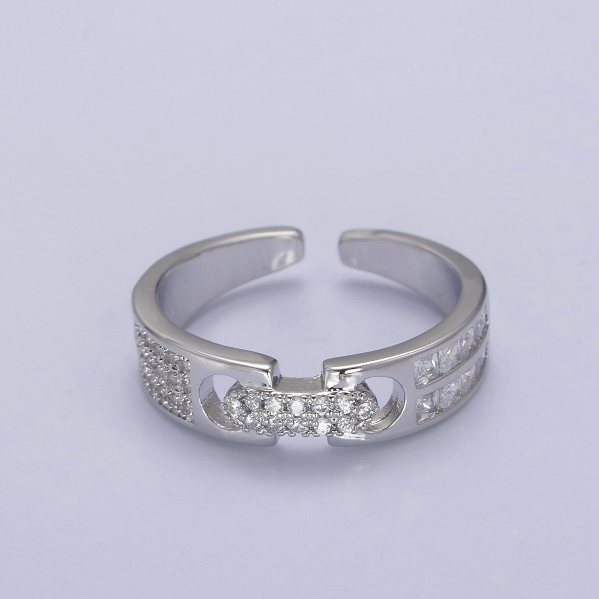 24K Gold Filled Belt Buckle Statement Ring, Micro Pave Crystal Zirconia CZ Adjustable Ring in Gold & Silver U-530 U-531 - DLUXCA