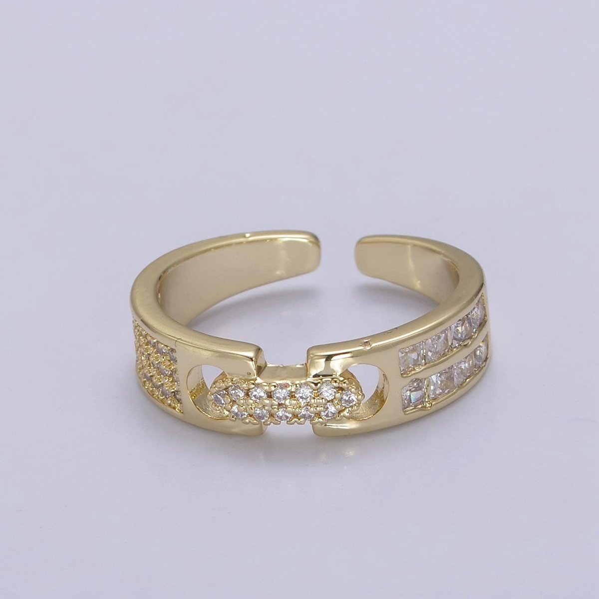 24K Gold Filled Belt Buckle Statement Ring, Micro Pave Crystal Zirconia CZ Adjustable Ring in Gold & Silver U-530 U-531 - DLUXCA