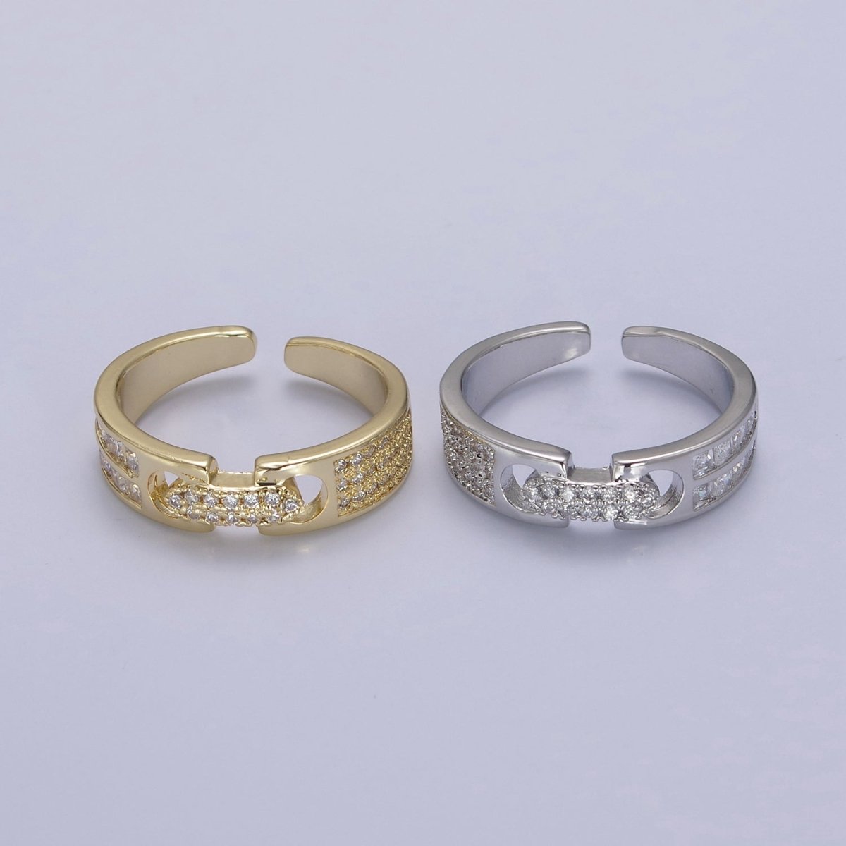 24K Gold Filled Belt Buckle Statement Ring, Micro Pave Crystal Zirconia CZ Adjustable Ring in Gold & Silver U-530 U-531 - DLUXCA