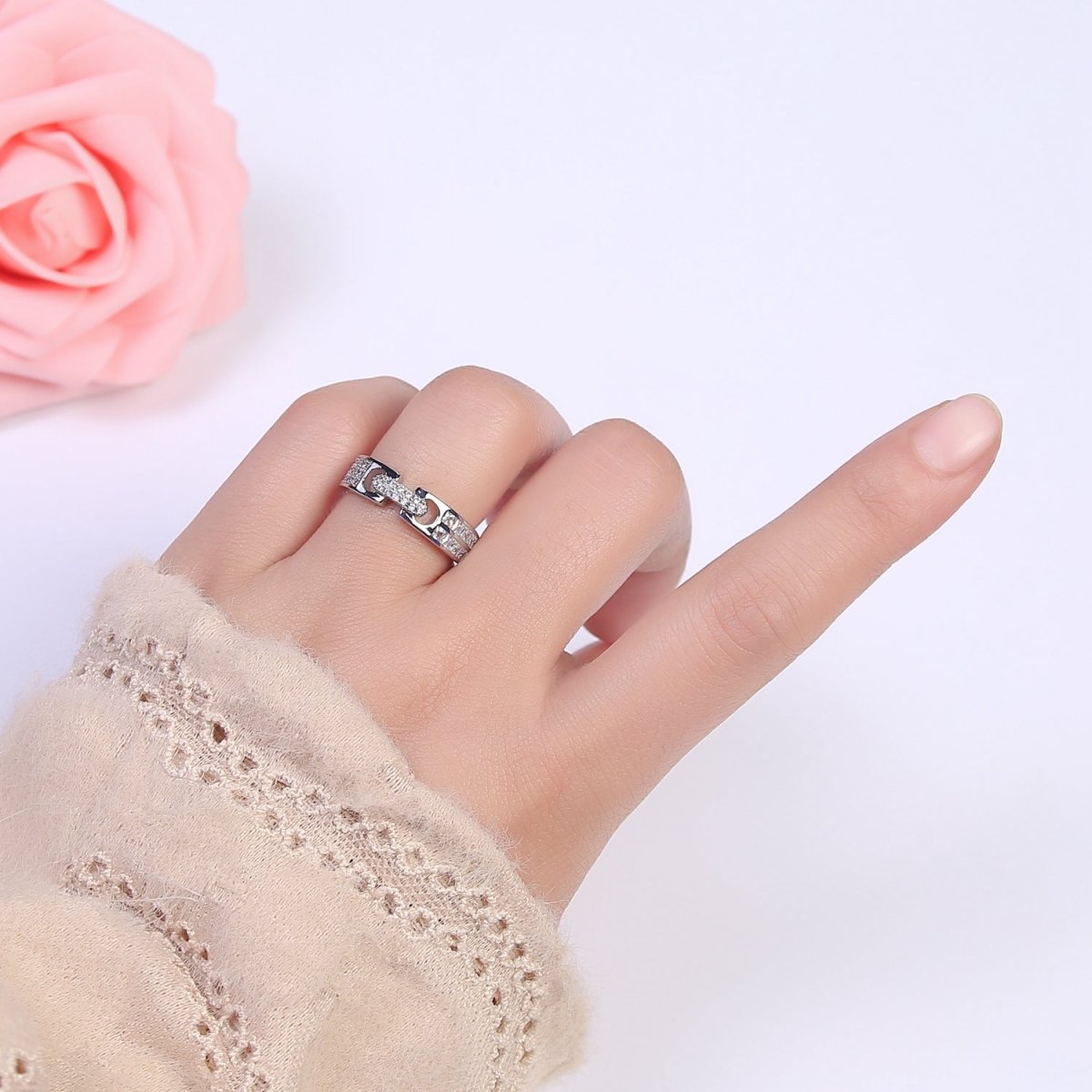 24K Gold Filled Belt Buckle Statement Ring, Micro Pave Crystal Zirconia CZ Adjustable Ring in Gold & Silver U-530 U-531 - DLUXCA