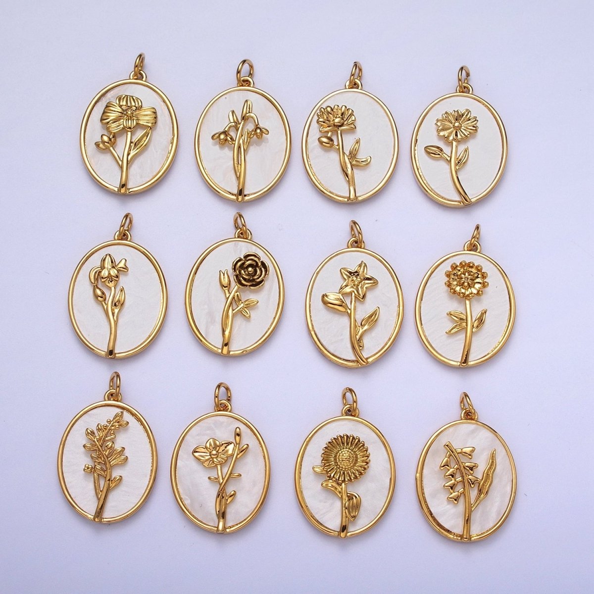 24K Gold Filled Birth Flower Personalized Oval Shell Pearl Charm | D-582 D-605 D-606 D-616 D-619 D-661 D-706 D-765 D-784 D-791 D-888 D-897 - DLUXCA