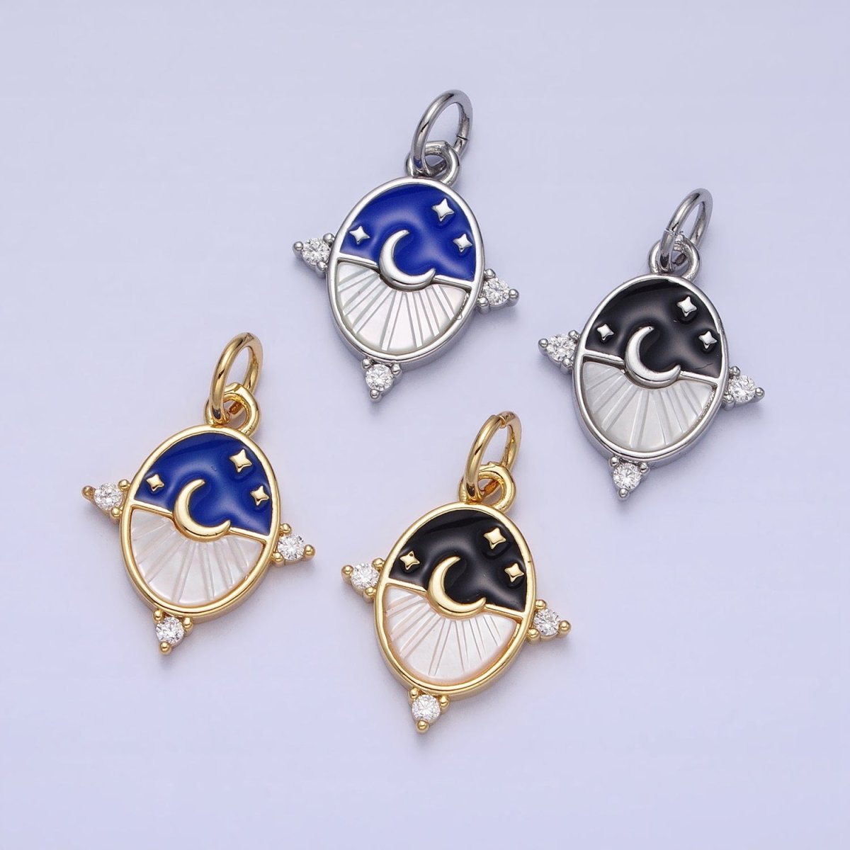 24K Gold Filled Black, Blue Enamel Shell Pearl Crescent Moon CZ Oval Celestial Charm in Silver & Gold | AC381 - AC384 - DLUXCA