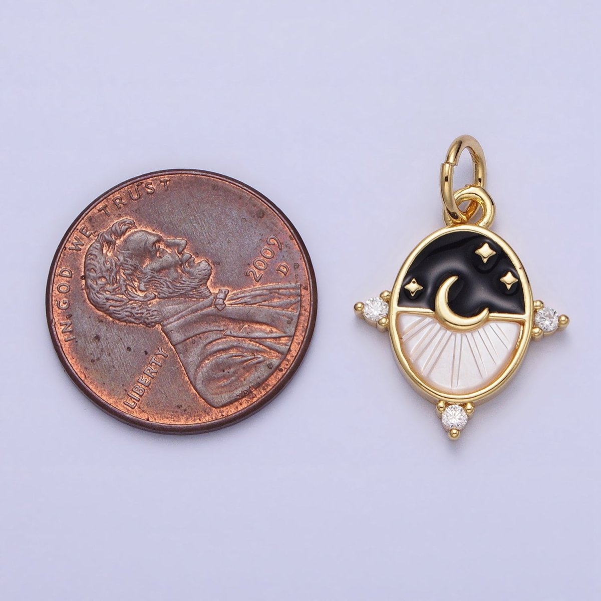 24K Gold Filled Black, Blue Enamel Shell Pearl Crescent Moon CZ Oval Celestial Charm in Silver & Gold | AC381 - AC384 - DLUXCA