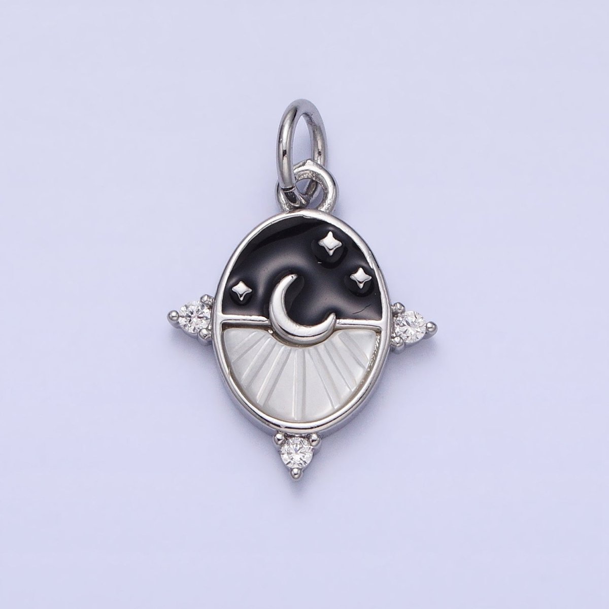 24K Gold Filled Black, Blue Enamel Shell Pearl Crescent Moon CZ Oval Celestial Charm in Silver & Gold | AC381 - AC384 - DLUXCA