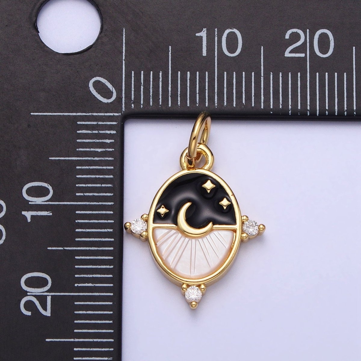 24K Gold Filled Black, Blue Enamel Shell Pearl Crescent Moon CZ Oval Celestial Charm in Silver & Gold | AC381 - AC384 - DLUXCA