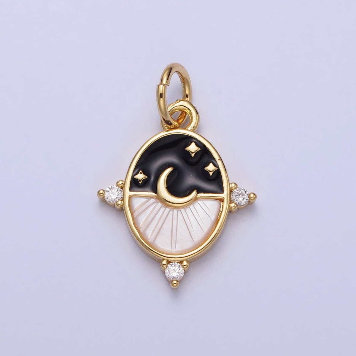 24K Gold Filled Black, Blue Enamel Shell Pearl Crescent Moon CZ Oval Celestial Charm in Silver & Gold | AC381 - AC384 - DLUXCA
