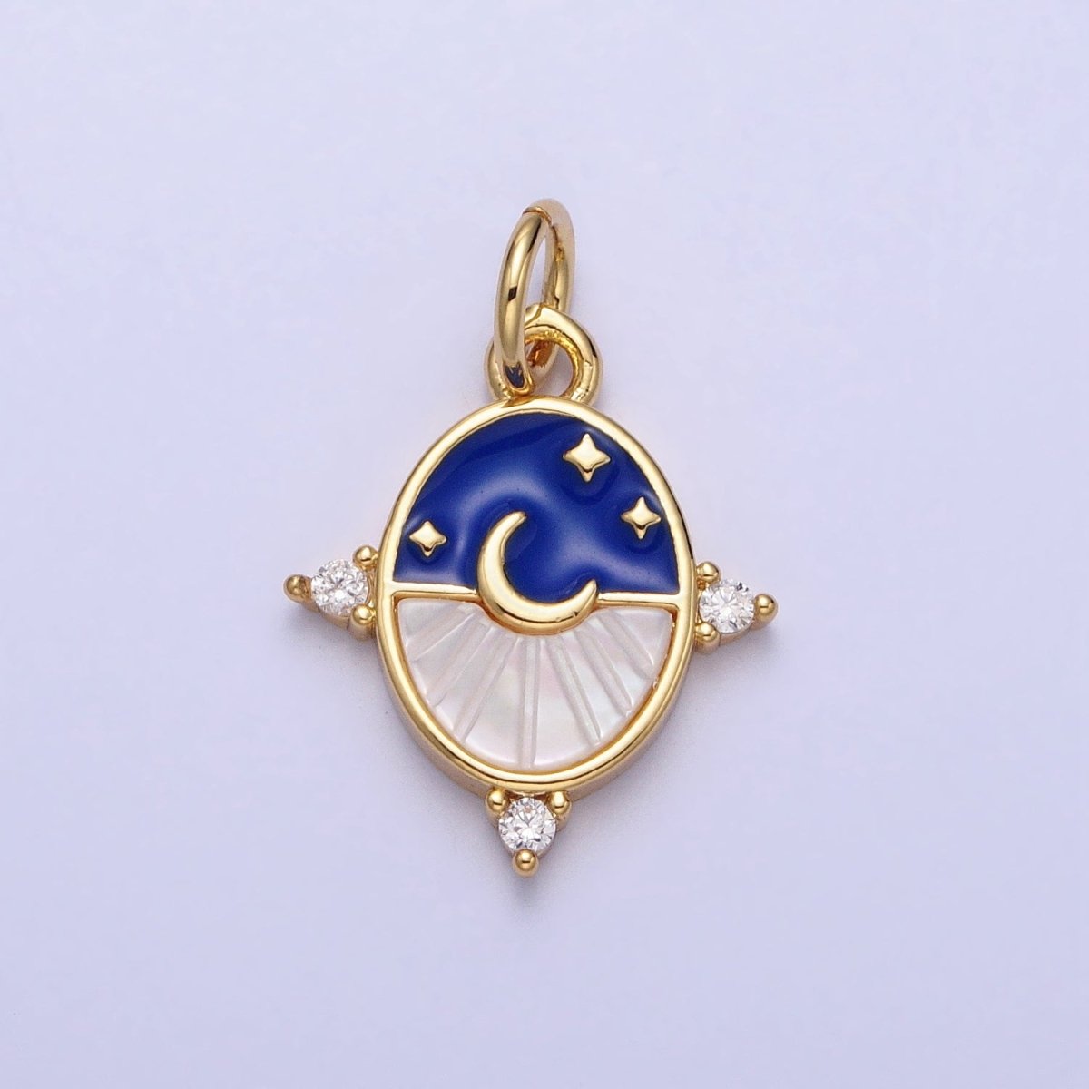 24K Gold Filled Black, Blue Enamel Shell Pearl Crescent Moon CZ Oval Celestial Charm in Silver & Gold | AC381 - AC384 - DLUXCA