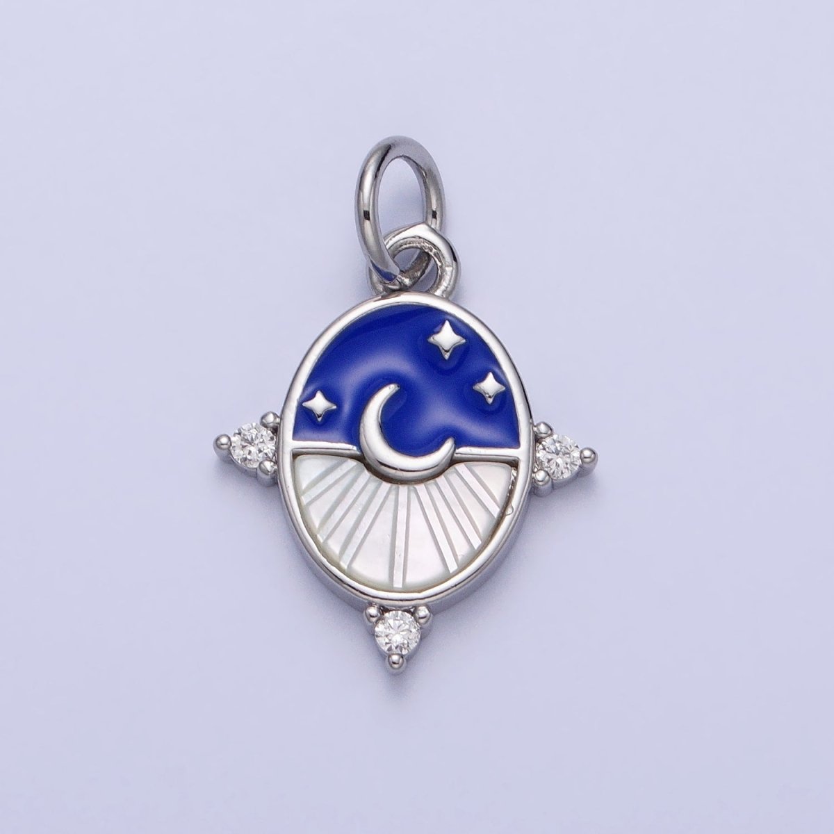 24K Gold Filled Black, Blue Enamel Shell Pearl Crescent Moon CZ Oval Celestial Charm in Silver & Gold | AC381 - AC384 - DLUXCA