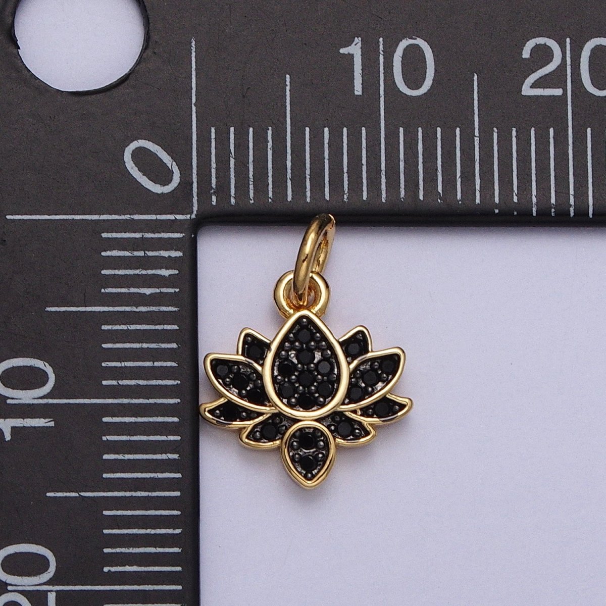 24K Gold Filled Black Micro Paved CZ Lotus Flower Charm | C-886 - DLUXCA