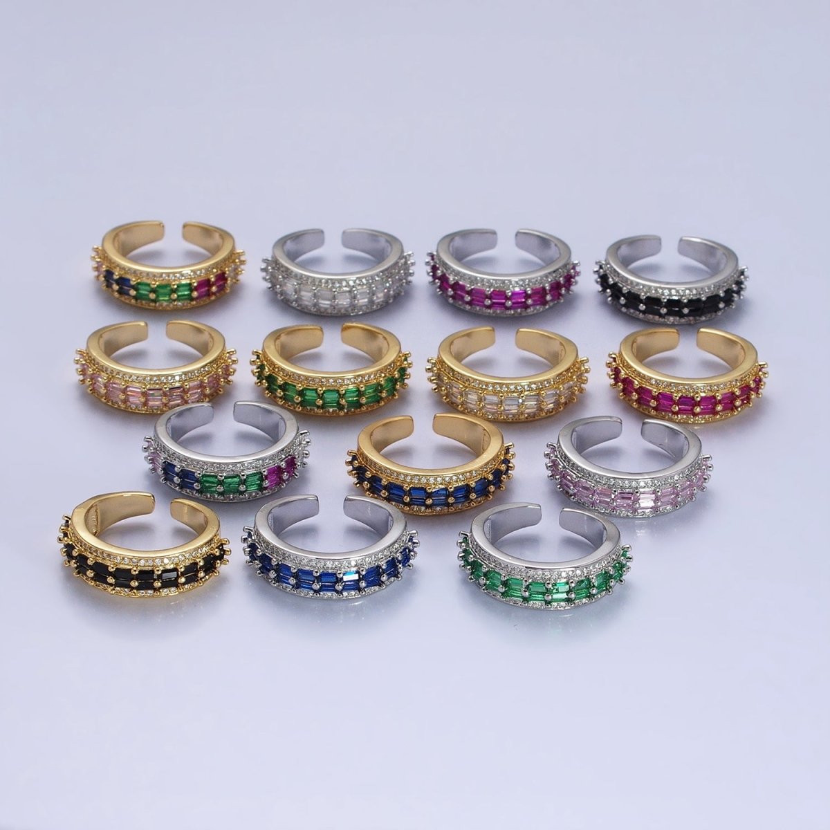 24K Gold Filled Black, Pink, Blue, Clear, Green, Fuchsia, Multicolor Baguette Micro Paved CZ Lined Ring in Gold & Silver | O-1821~O-1834 - DLUXCA