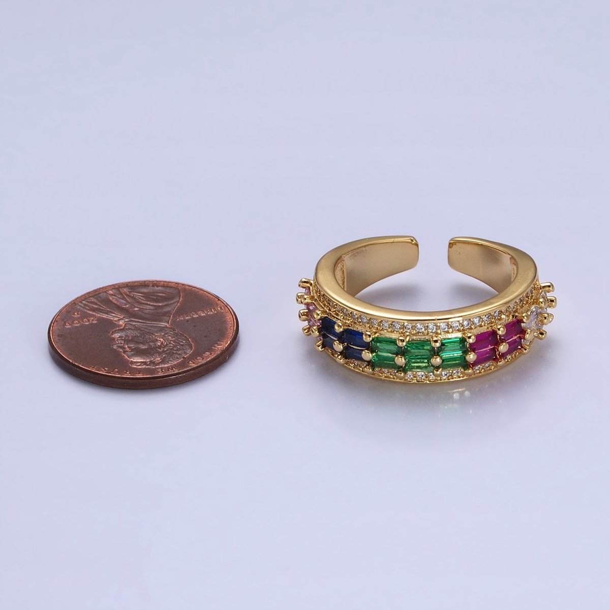 24K Gold Filled Black, Pink, Blue, Clear, Green, Fuchsia, Multicolor Baguette Micro Paved CZ Lined Ring in Gold & Silver | O-1821~O-1834 - DLUXCA