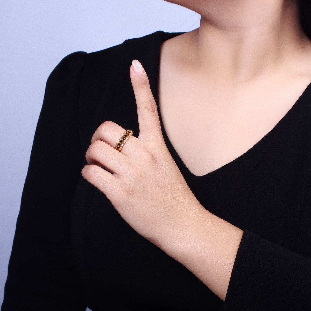 24K Gold Filled Black, Pink, Blue, Clear, Green, Fuchsia, Multicolor Baguette Micro Paved CZ Lined Ring in Gold & Silver | O-1821~O-1834 - DLUXCA