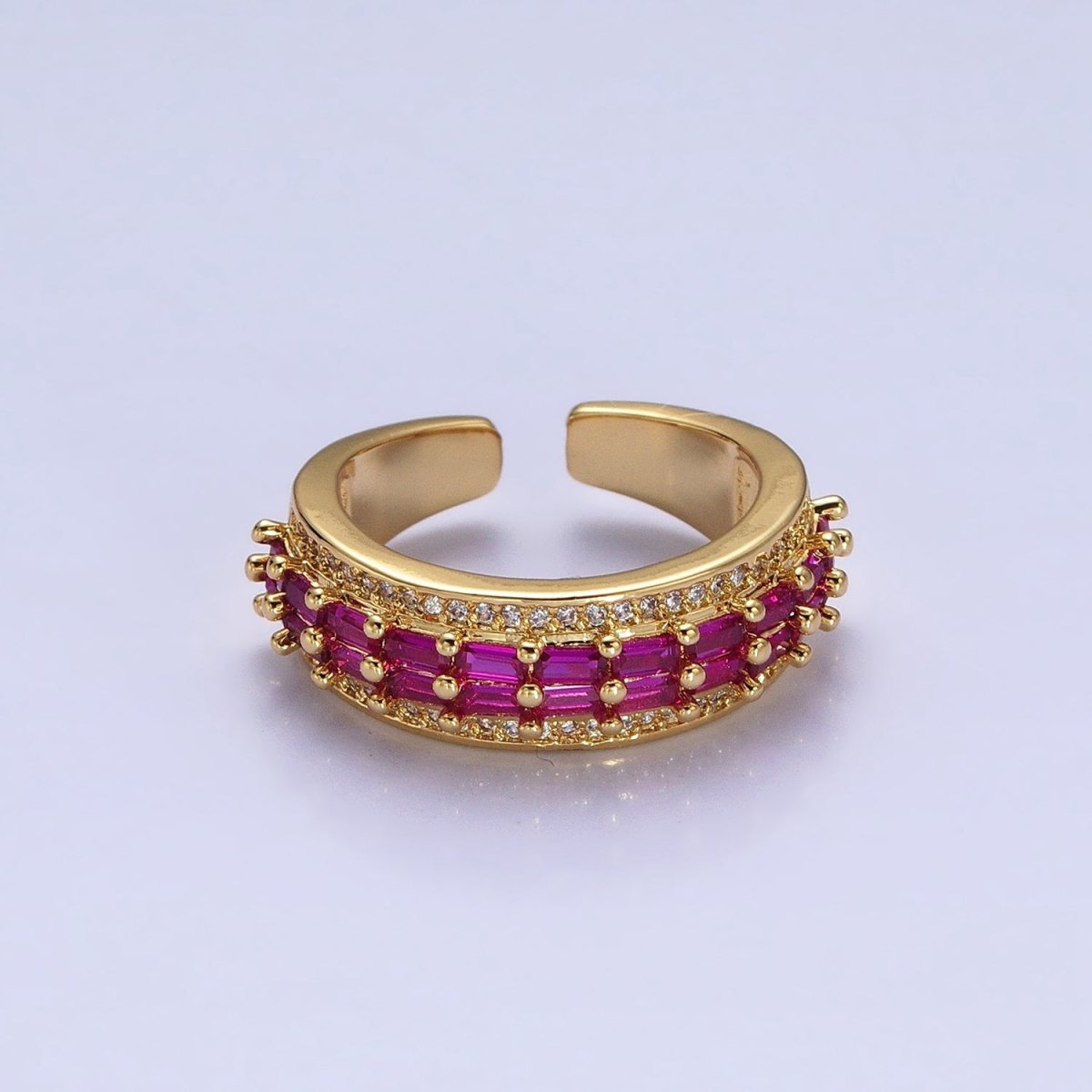 24K Gold Filled Black, Pink, Blue, Clear, Green, Fuchsia, Multicolor Baguette Micro Paved CZ Lined Ring in Gold & Silver | O-1821~O-1834 - DLUXCA