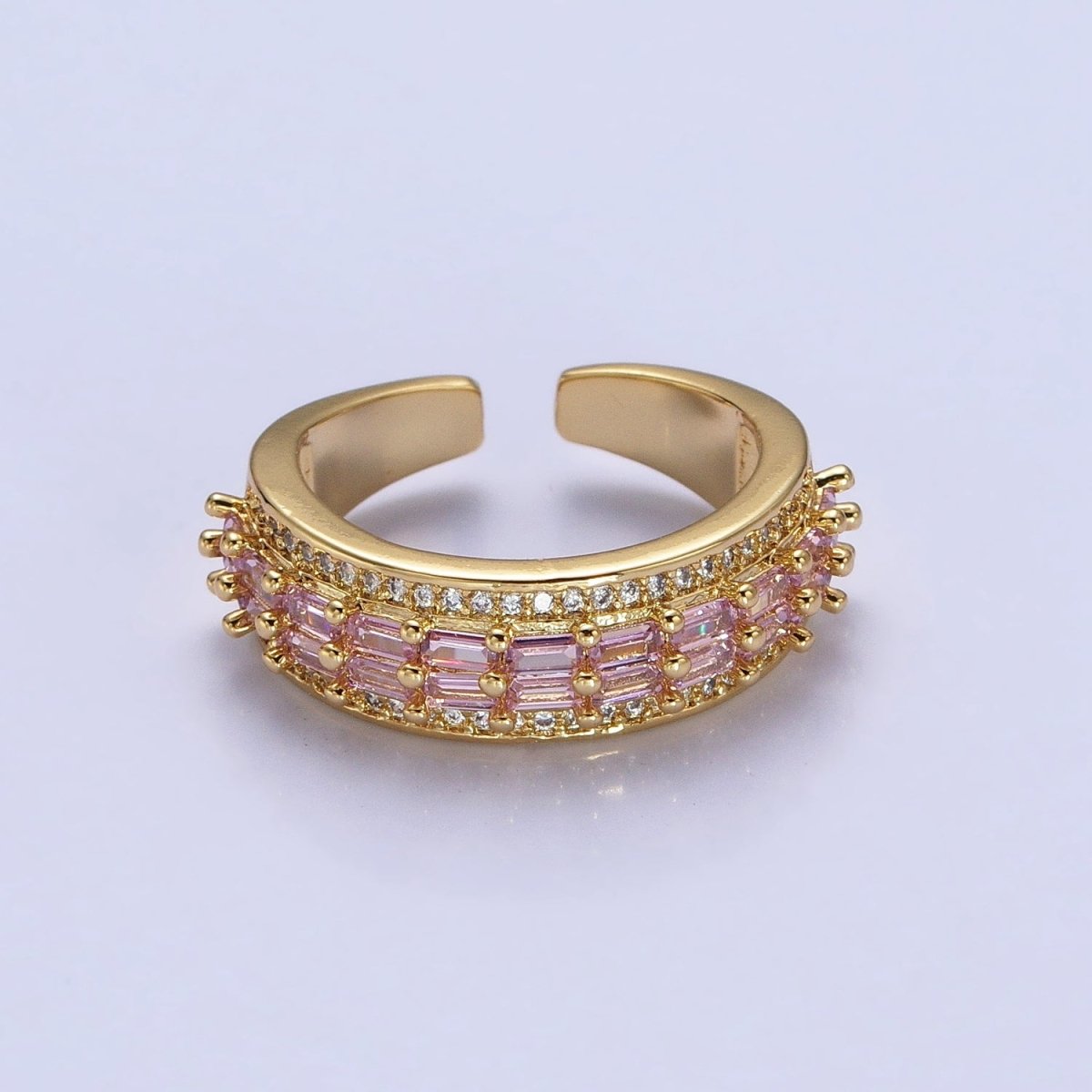 24K Gold Filled Black, Pink, Blue, Clear, Green, Fuchsia, Multicolor Baguette Micro Paved CZ Lined Ring in Gold & Silver | O-1821~O-1834 - DLUXCA