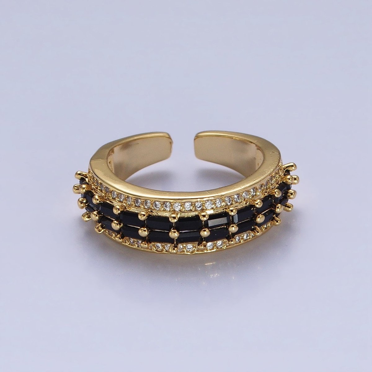 24K Gold Filled Black, Pink, Blue, Clear, Green, Fuchsia, Multicolor Baguette Micro Paved CZ Lined Ring in Gold & Silver | O-1821~O-1834 - DLUXCA