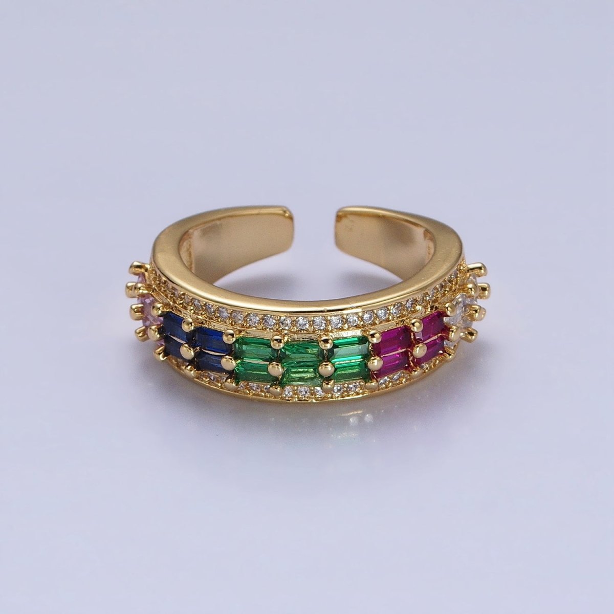 24K Gold Filled Black, Pink, Blue, Clear, Green, Fuchsia, Multicolor Baguette Micro Paved CZ Lined Ring in Gold & Silver | O-1821~O-1834 - DLUXCA