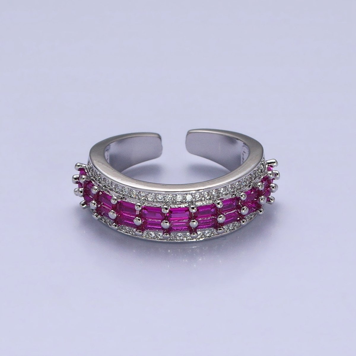 24K Gold Filled Black, Pink, Blue, Clear, Green, Fuchsia, Multicolor Baguette Micro Paved CZ Lined Ring in Gold & Silver | O-1821~O-1834 - DLUXCA