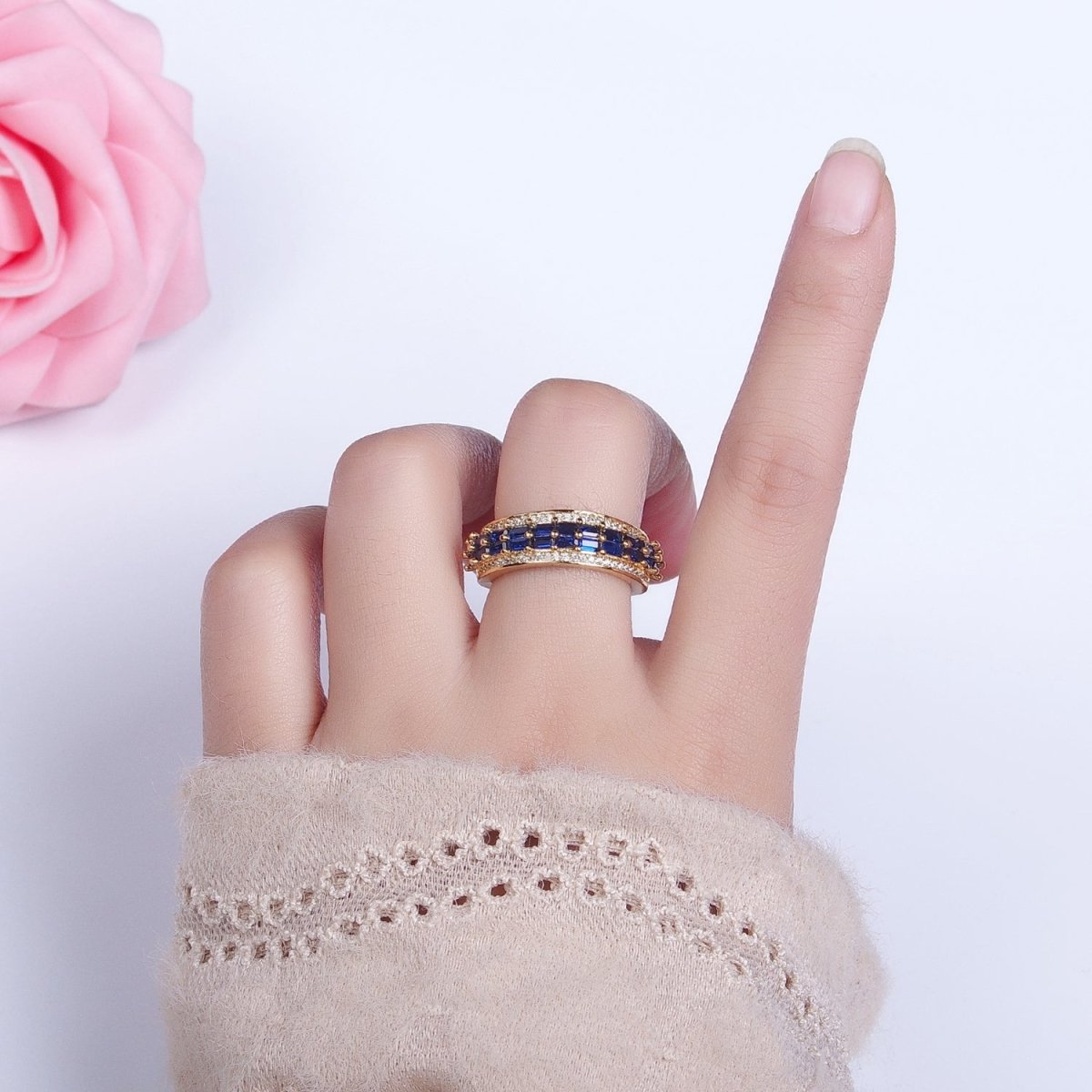 24K Gold Filled Black, Pink, Blue, Clear, Green, Fuchsia, Multicolor Baguette Micro Paved CZ Lined Ring in Gold & Silver | O-1821~O-1834 - DLUXCA