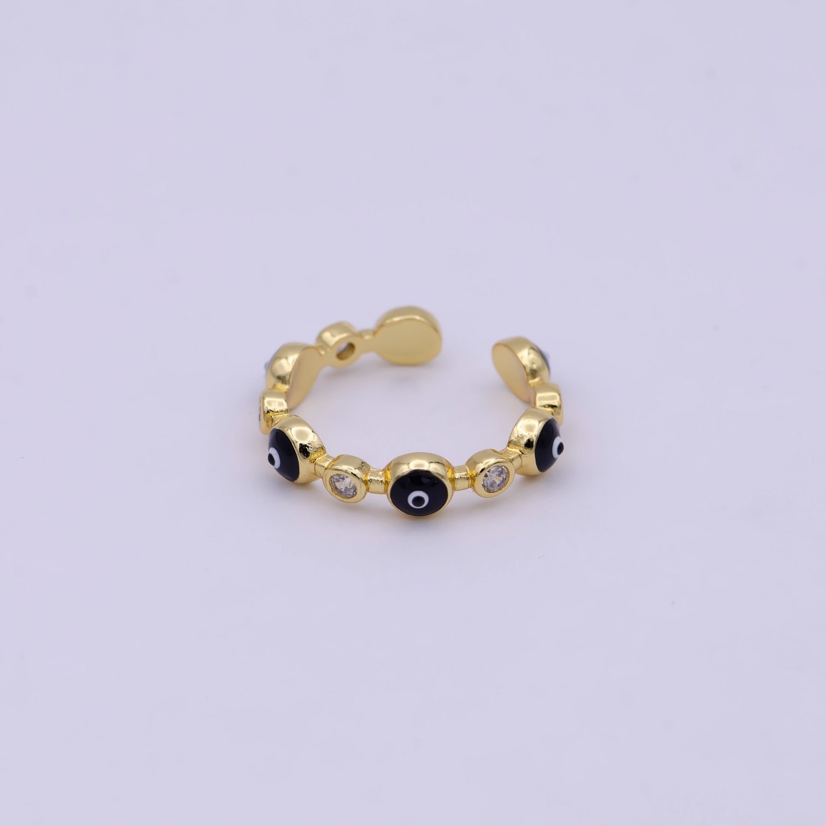 24K Gold Filled Black White Navy Blue Enamel Evil Eye Crystal Zirconia CZ Adjustable Ring | U-397 - U-400 - DLUXCA