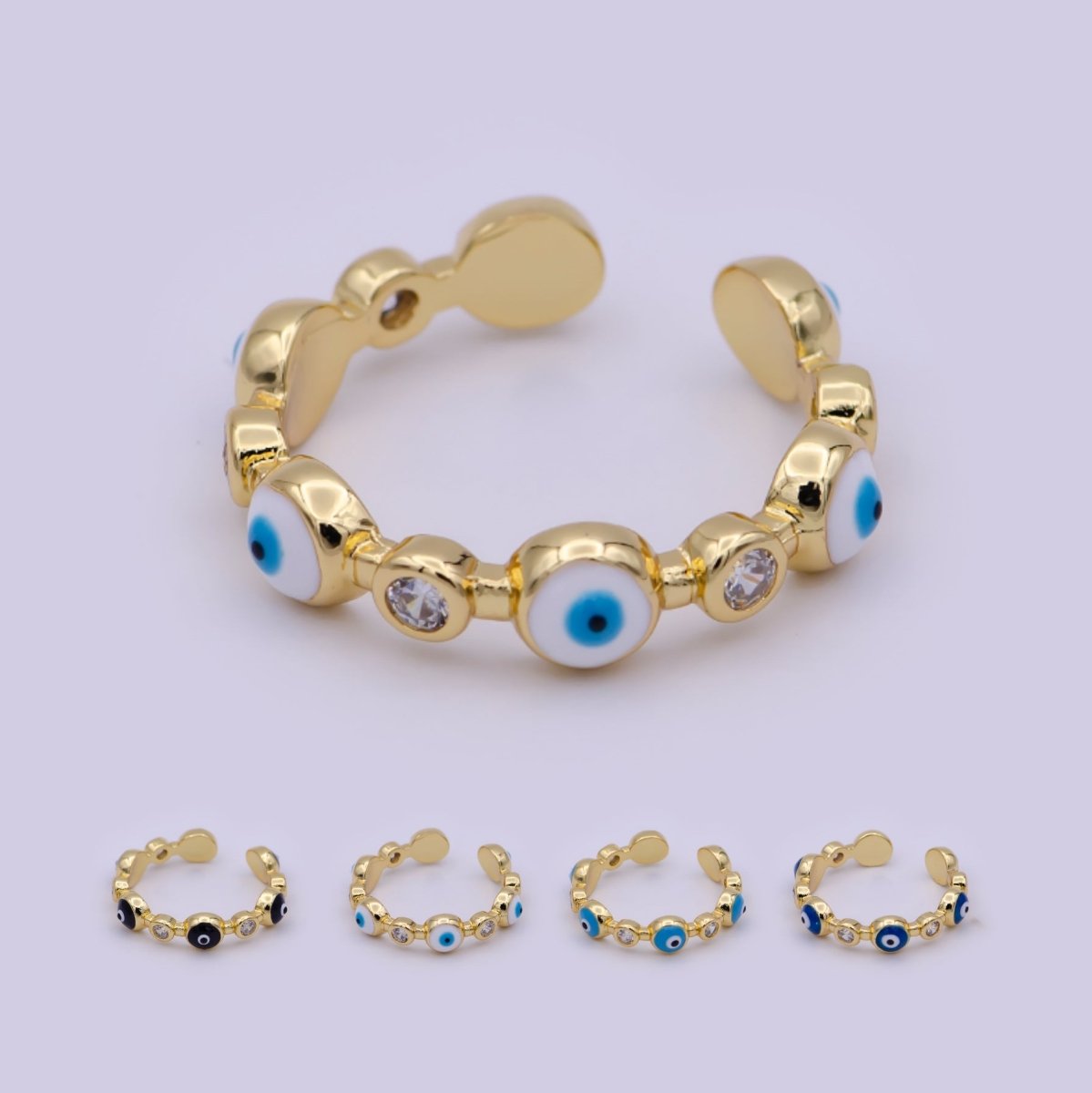 24K Gold Filled Black White Navy Blue Enamel Evil Eye Crystal Zirconia CZ Adjustable Ring | U-397 - U-400 - DLUXCA