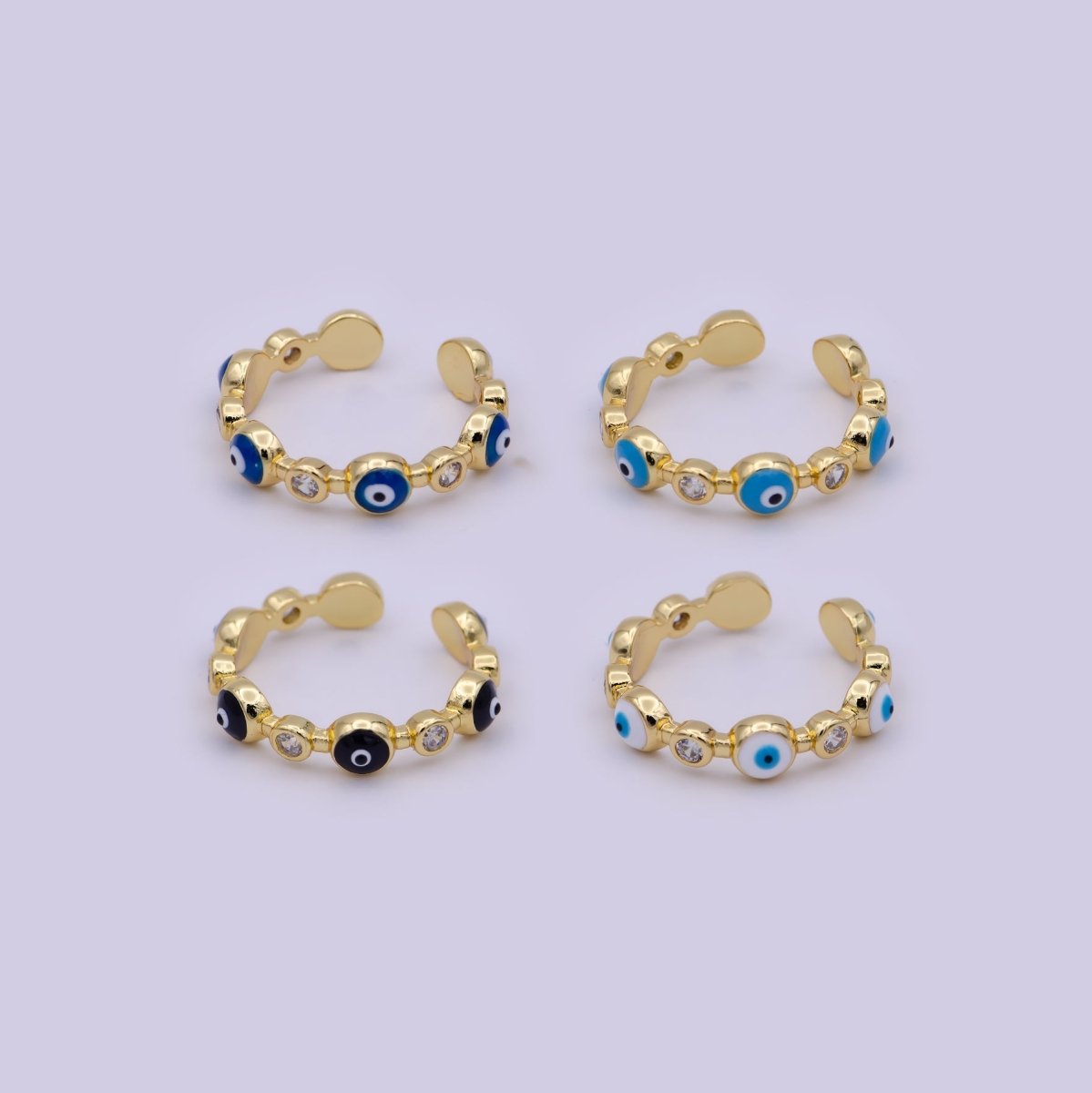 24K Gold Filled Black White Navy Blue Enamel Evil Eye Crystal Zirconia CZ Adjustable Ring | U-397 - U-400 - DLUXCA