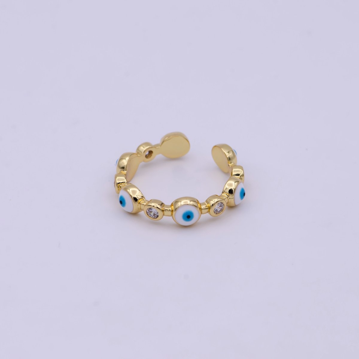24K Gold Filled Black White Navy Blue Enamel Evil Eye Crystal Zirconia CZ Adjustable Ring | U-397 - U-400 - DLUXCA