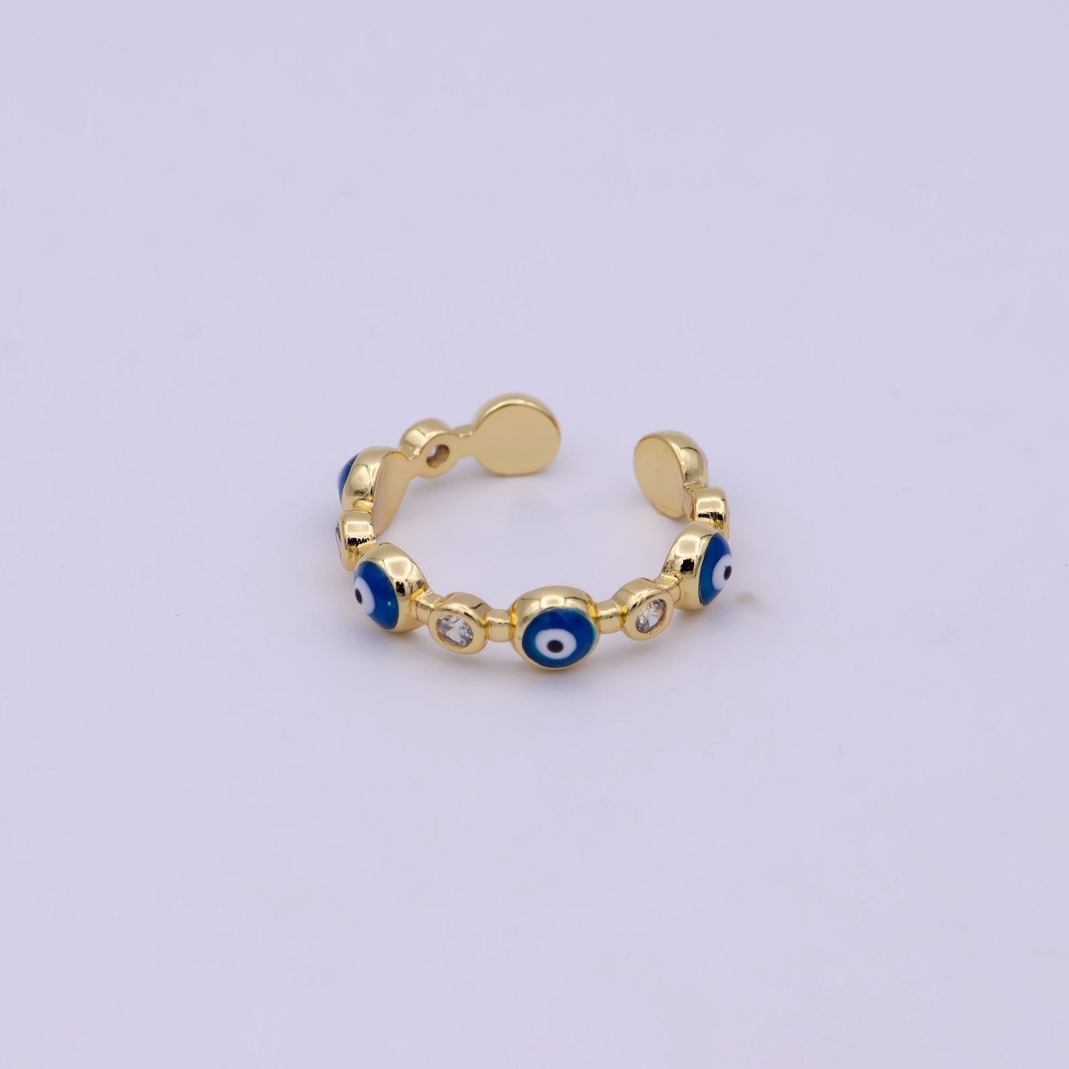 24K Gold Filled Black White Navy Blue Enamel Evil Eye Crystal Zirconia CZ Adjustable Ring | U-397 - U-400 - DLUXCA