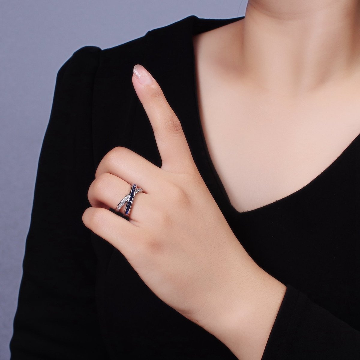 24K Gold Filled Blue Baguette Lined Micro Paved CZ Cross X Double Band Ring in Gold & Silver | O-631 O-632 - DLUXCA