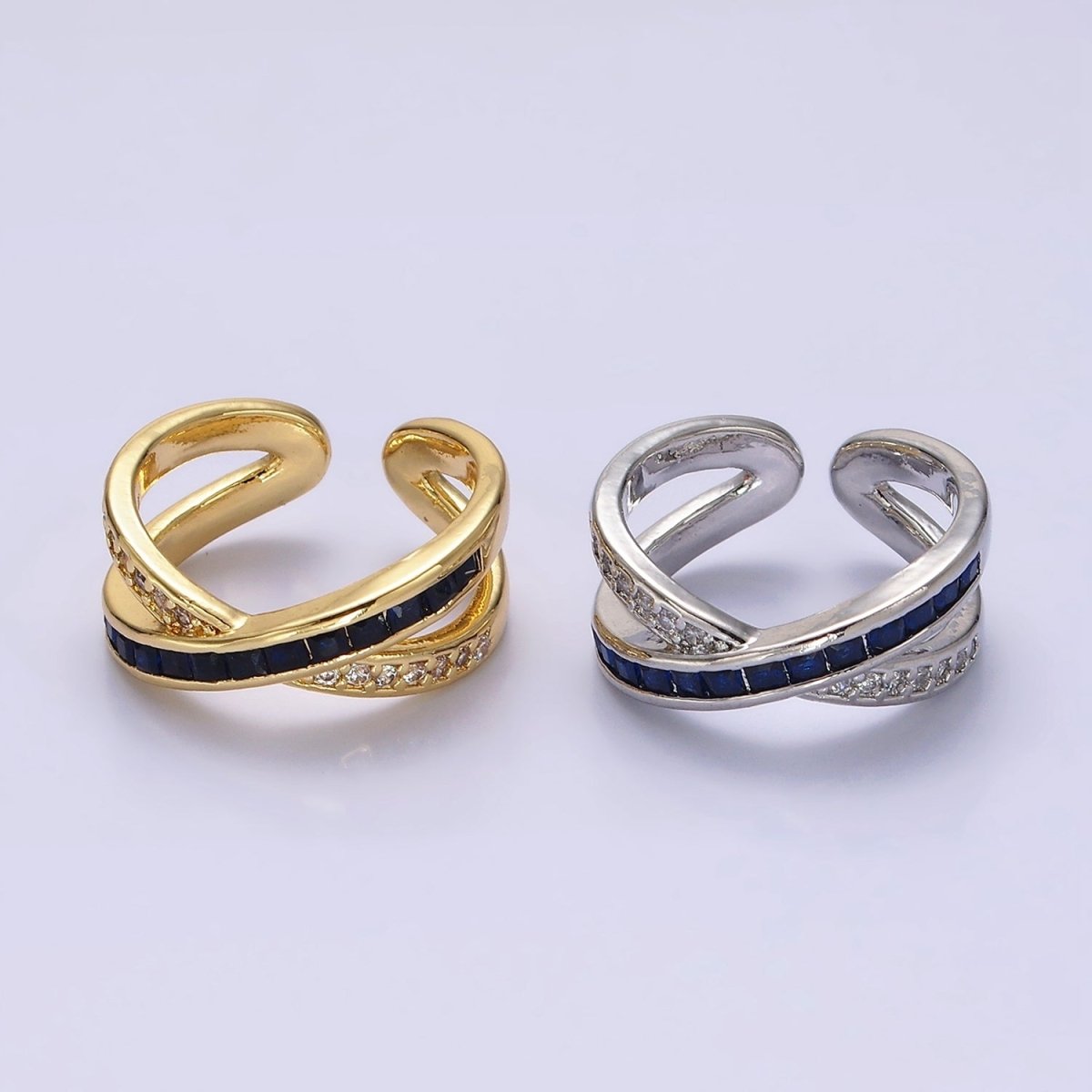 24K Gold Filled Blue Baguette Lined Micro Paved CZ Cross X Double Band Ring in Gold & Silver | O-631 O-632 - DLUXCA