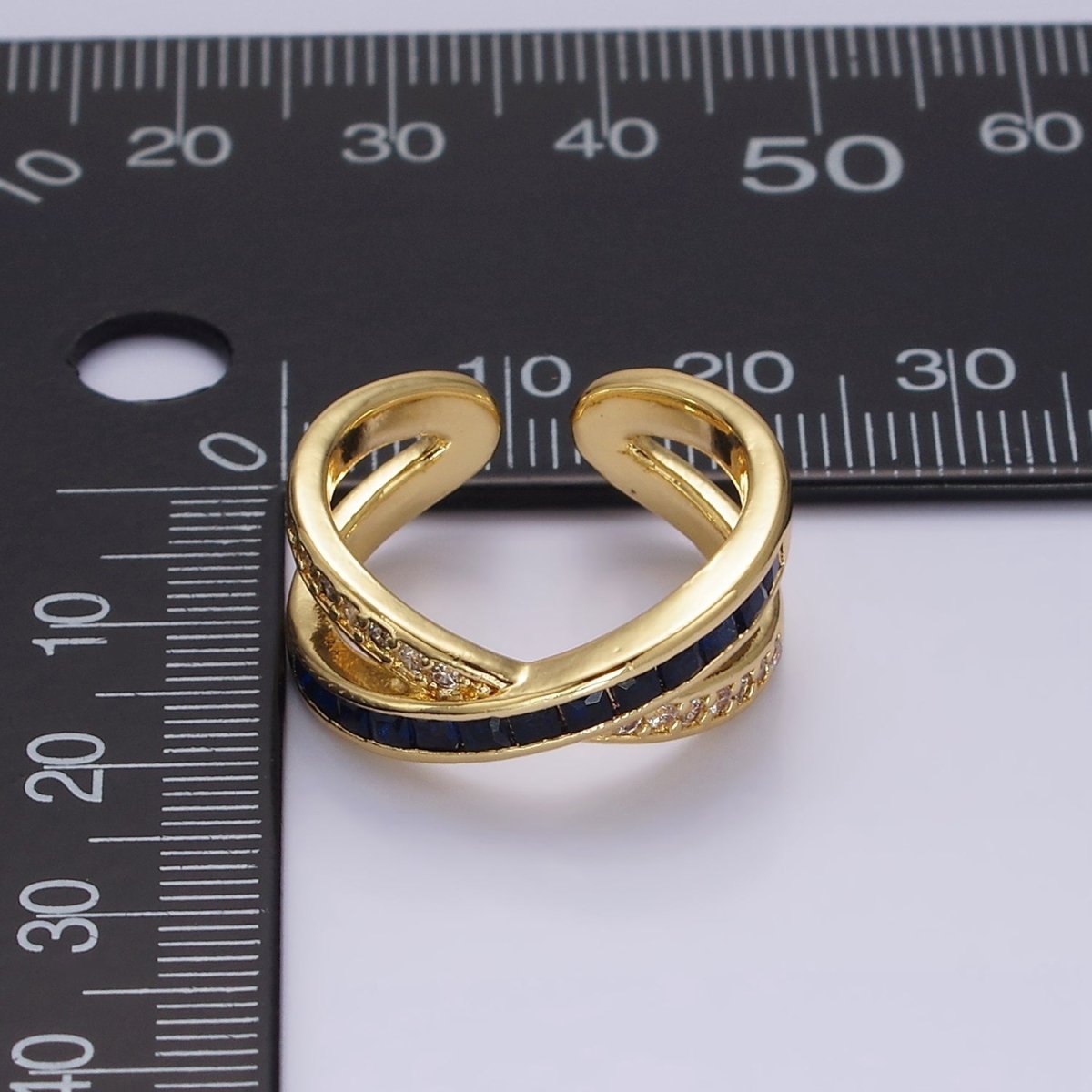 24K Gold Filled Blue Baguette Lined Micro Paved CZ Cross X Double Band Ring in Gold & Silver | O-631 O-632 - DLUXCA