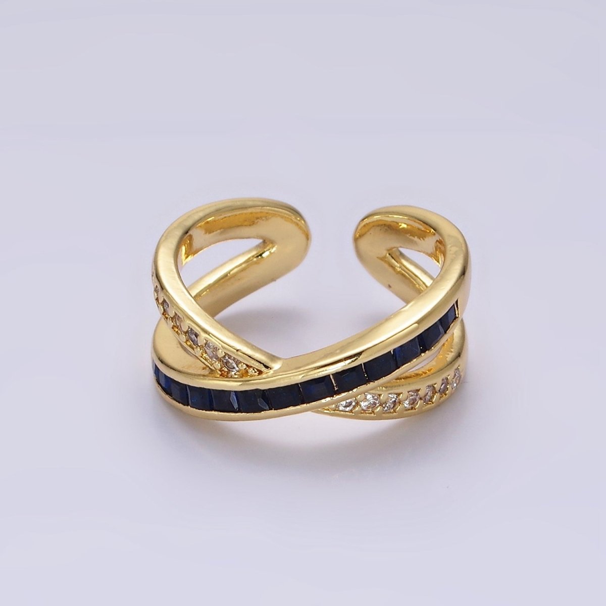 24K Gold Filled Blue Baguette Lined Micro Paved CZ Cross X Double Band Ring in Gold & Silver | O-631 O-632 - DLUXCA