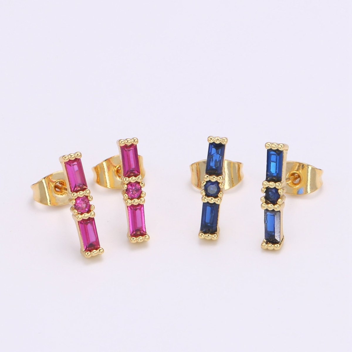24K Gold Filled Blue / Fuchsia Baguette CZ Stud Earrings | Q-498 Q-499 - DLUXCA
