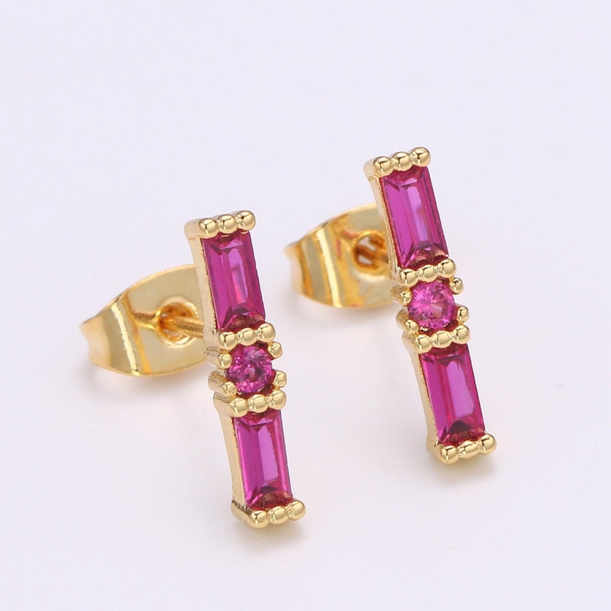 24K Gold Filled Blue / Fuchsia Baguette CZ Stud Earrings | Q-498 Q-499 - DLUXCA
