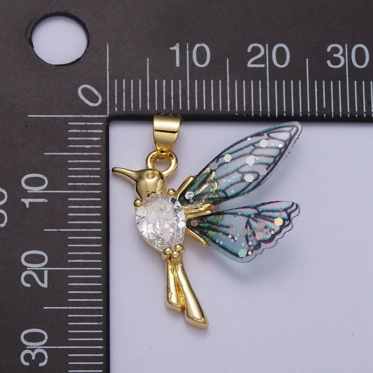 24K Gold Filled Blue, Fuchsia Hummingbird Fairy Wings Teardrop CZ Pendant I-094 I-152 - DLUXCA