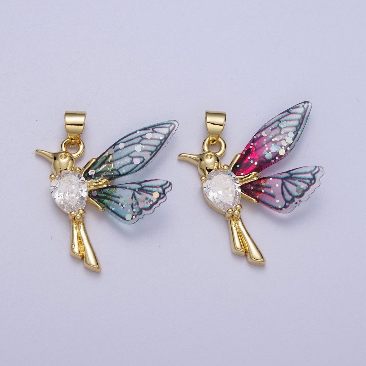 24K Gold Filled Blue, Fuchsia Hummingbird Fairy Wings Teardrop CZ Pendant I-094 I-152 - DLUXCA