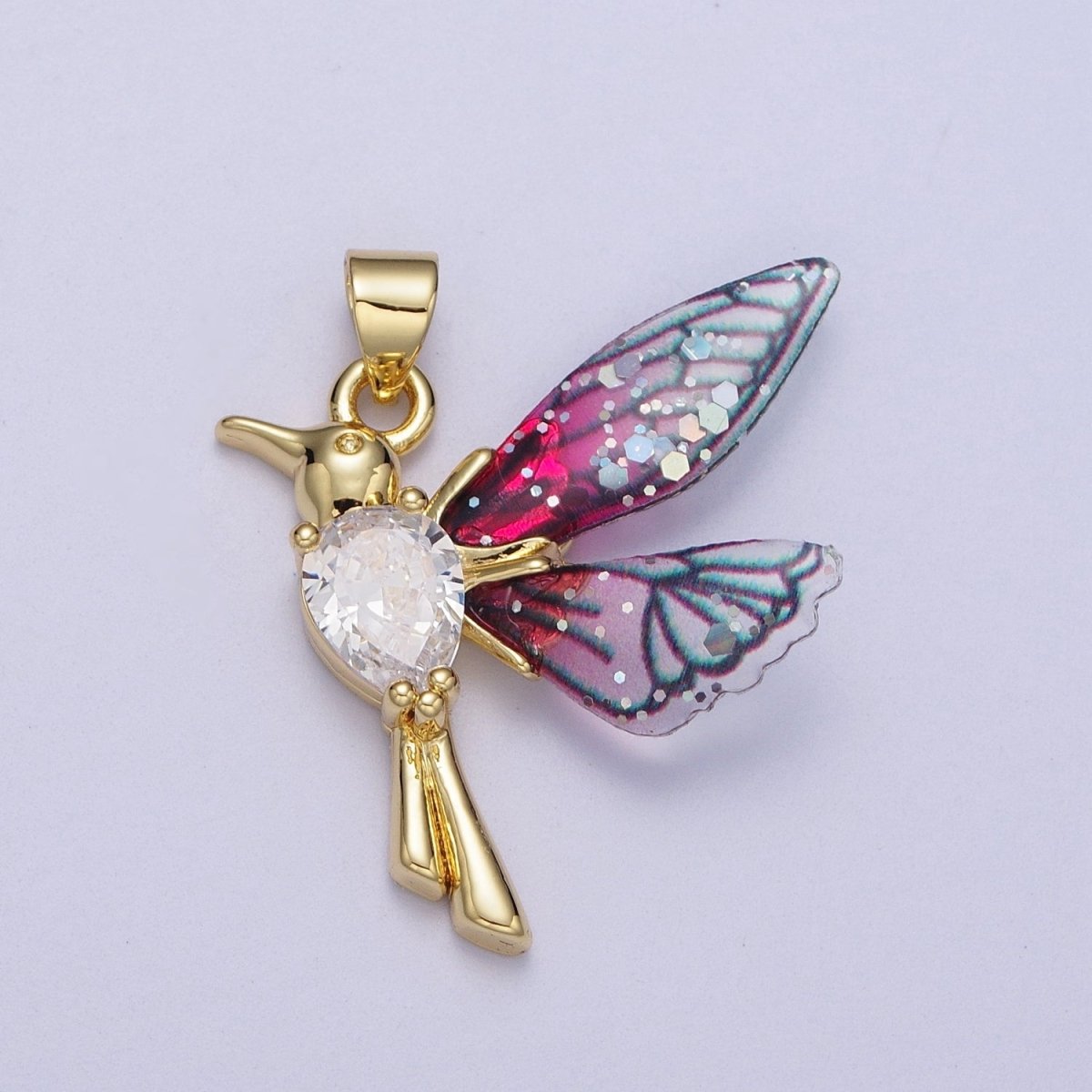 24K Gold Filled Blue, Fuchsia Hummingbird Fairy Wings Teardrop CZ Pendant I-094 I-152 - DLUXCA